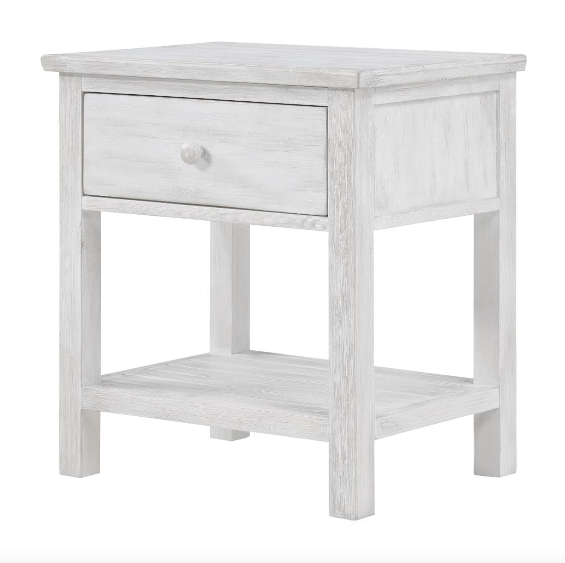 distressed white 1-drawer nightstand with round wood knob and bottom shelf