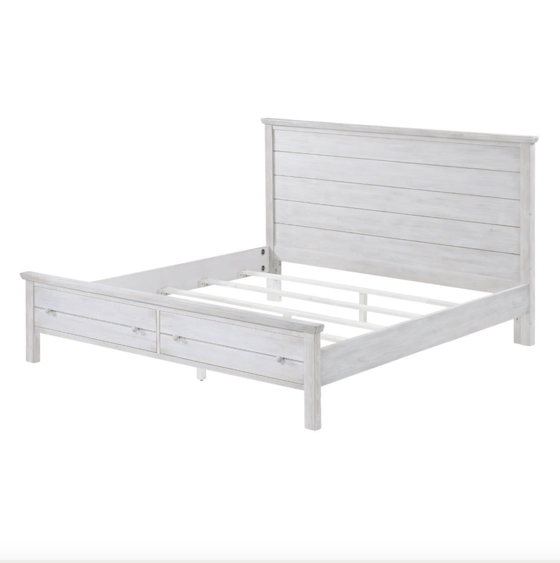 distressed white storage bed with 2 drawers
