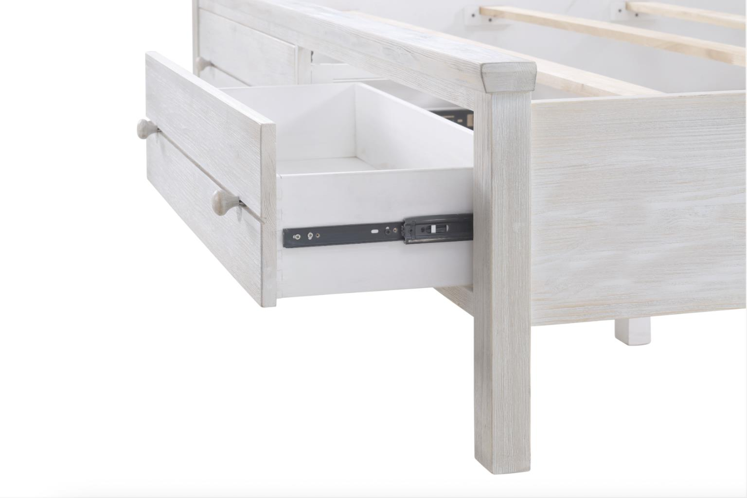 distressed white storage bed with 2 drawers, Close up of drawer
