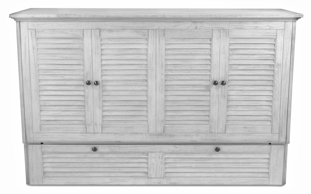 distressed white cabinet bed with louver fronts round iron knobs