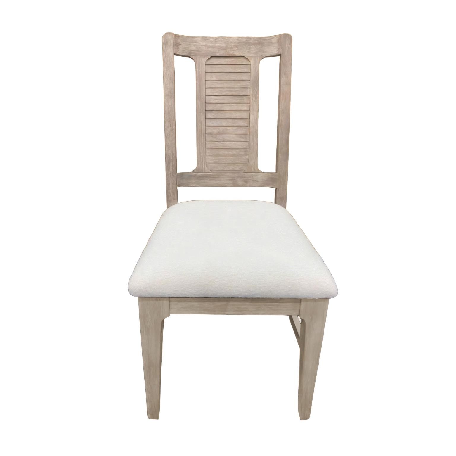 glazed driftwood side chair with louver center-back and white upholstered seat