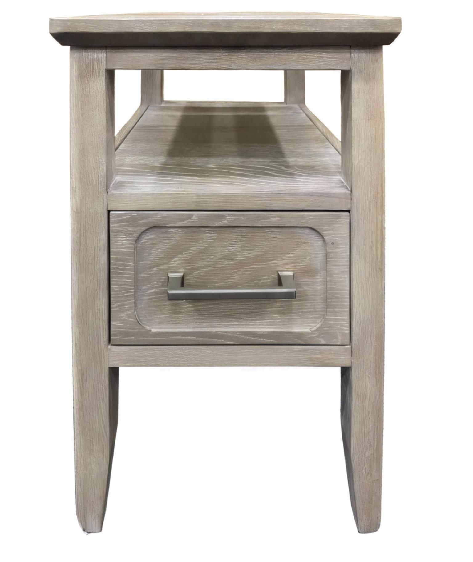 glazed driftwood color skinny 1 drawer end table with shelf and metal handle