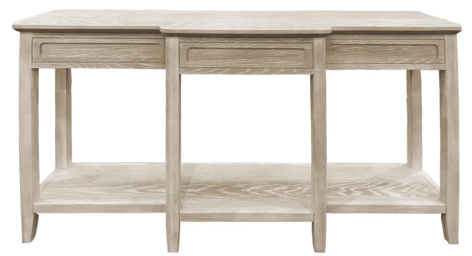 glazed driftwood color console table with center bump-out and lower shelf