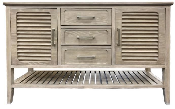 glazed driftwood sideboard with 3 drawers and 2 doors with louver fronts & iron pulls. Bottom shelf below 