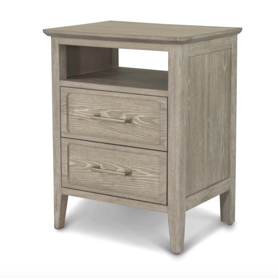 glazed driftwood 2-drawer nightstand with upper shelf and iron drawer pulls