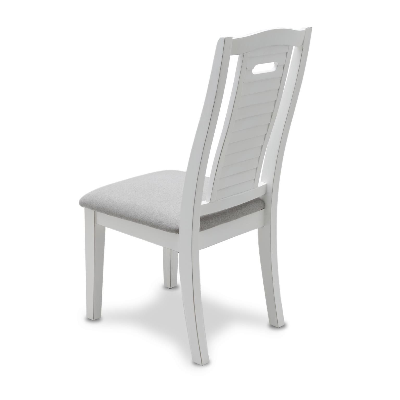 White dining chair with a grey fabric seat and back cushion.