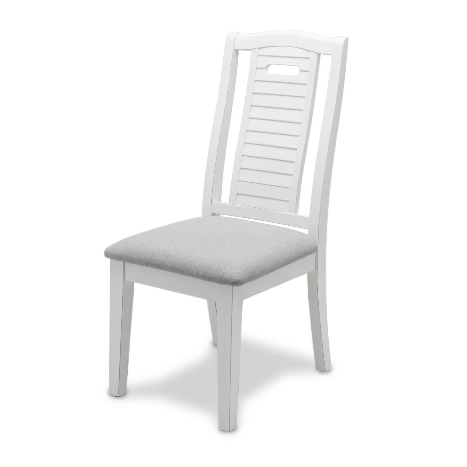 'White wooden dining chair with a shutter-back design and a grey cushion.'