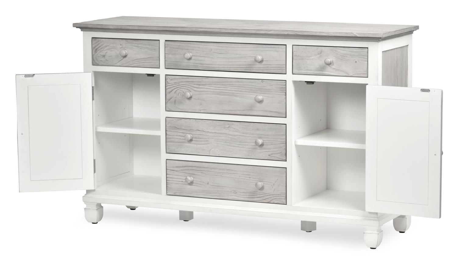 Islamorada Dresser, coastal style, wood, six drawers, two doors, white and distressed grey, with shutter accents.