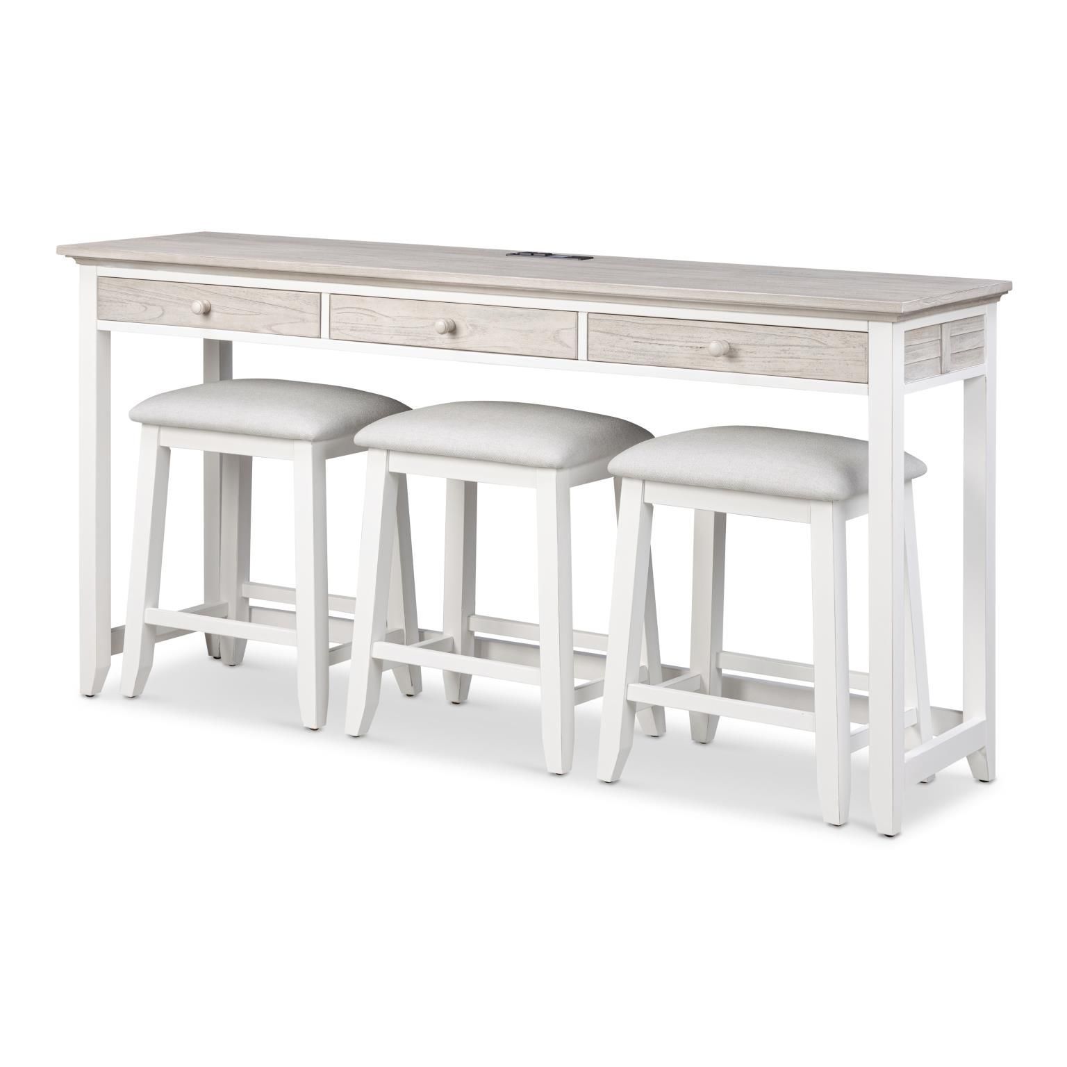 white wood pub height console table with 3 drawers and 3 stools