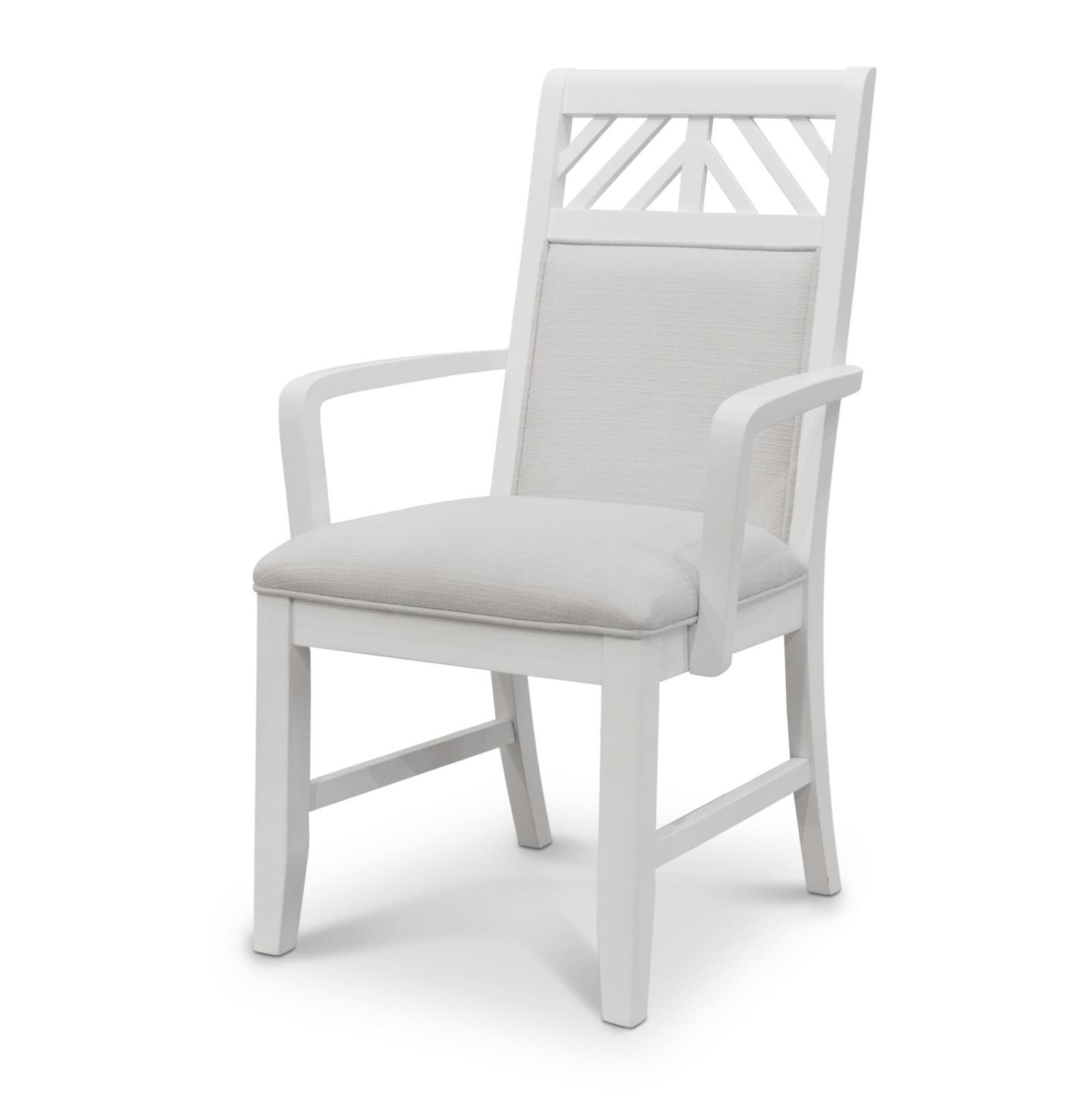 Dining Armchair with light grey fabric on the seat & back cushion. White wood with woven sand color accents. Front View.