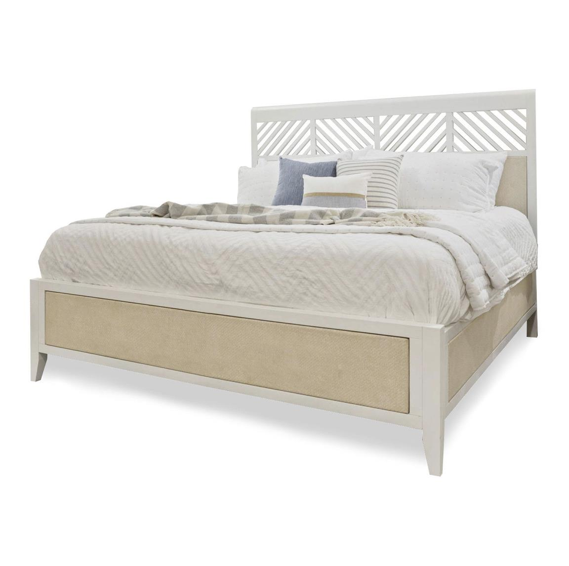 Bed, White with woven sand color accents.