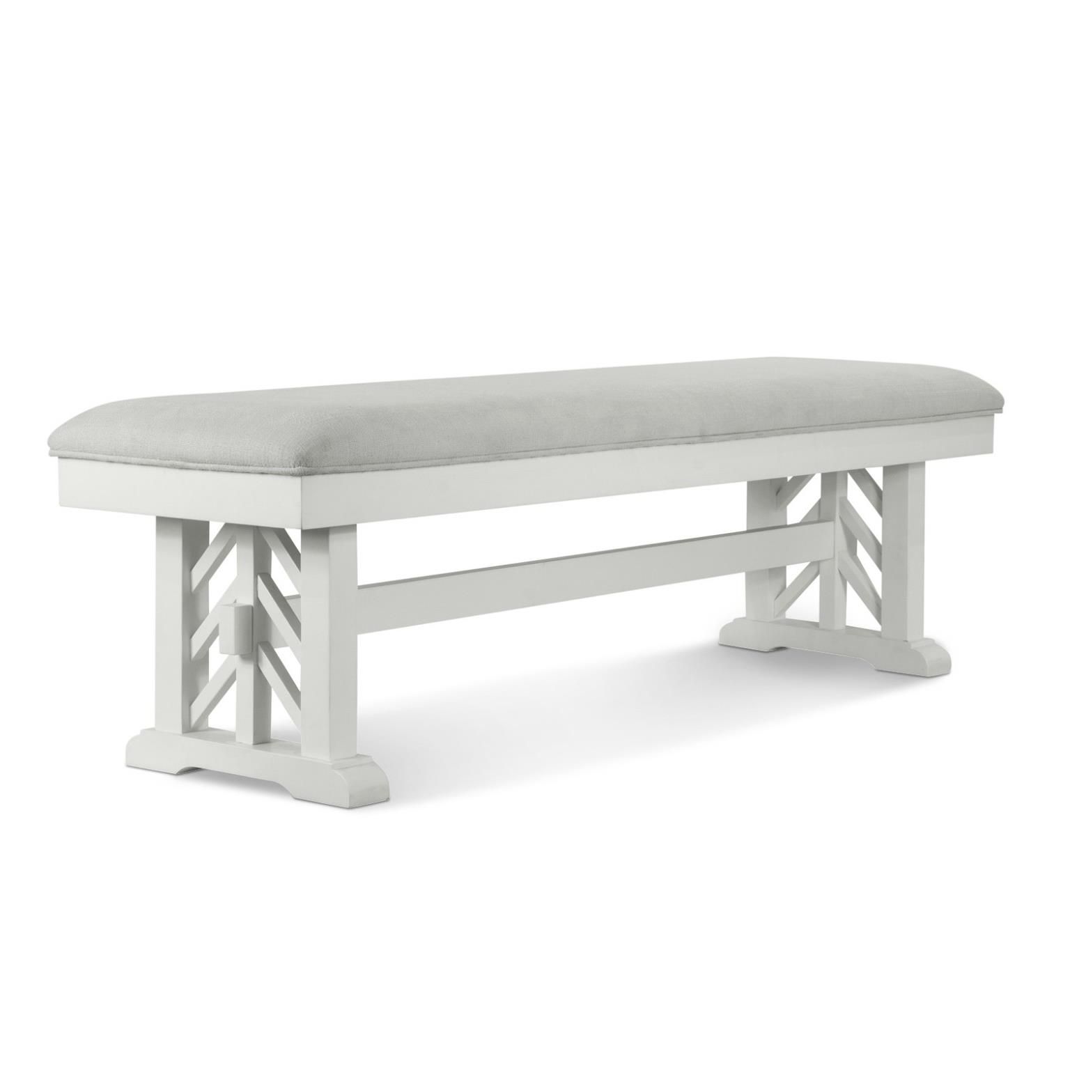 Dining bench with light grey fabric on the seat cushion. White wood.
