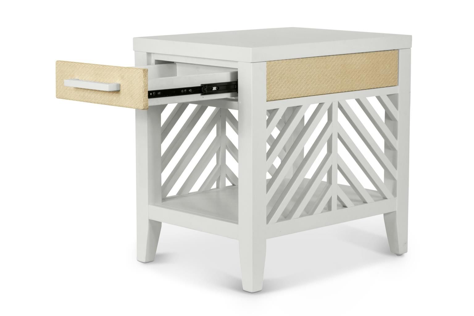 Rectangle end table with 1 drawer and bottom shelf. White wood with woven sand color accents and white metal handle. Featured with drawer open to see the ball barring drawer glides.