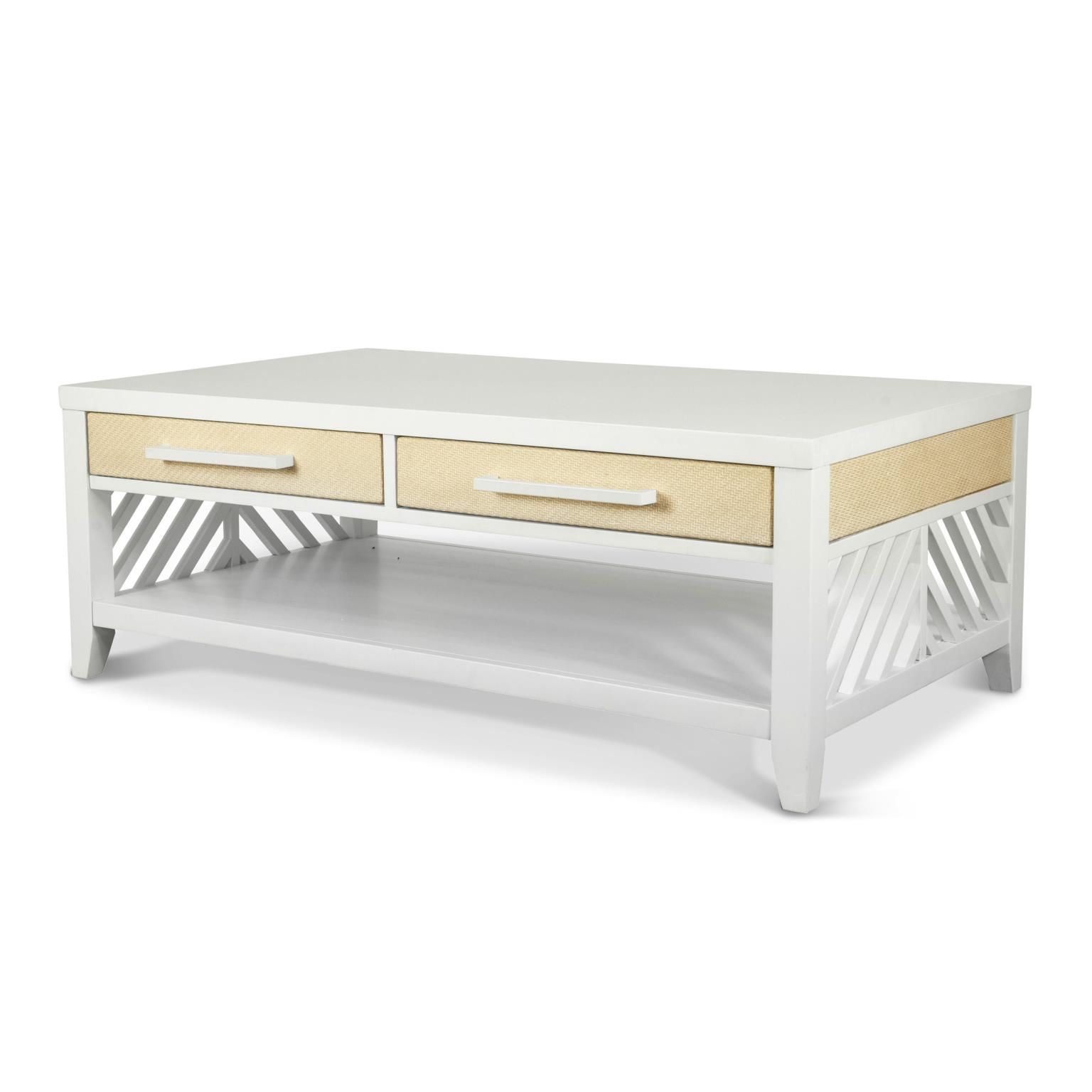 Rectangle Cocktail table with 2 drawers and bottom shelf. White wood with woven sand color accents and white metal handles.