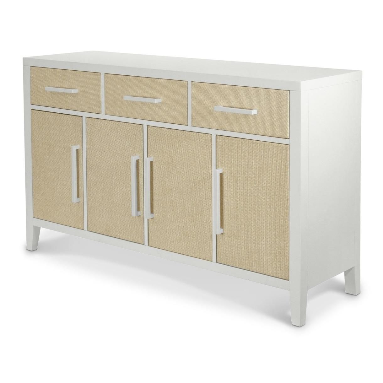  Credenza with 3 drawers on top of 4 doors. White wood with woven sand color accents and white metal handles.