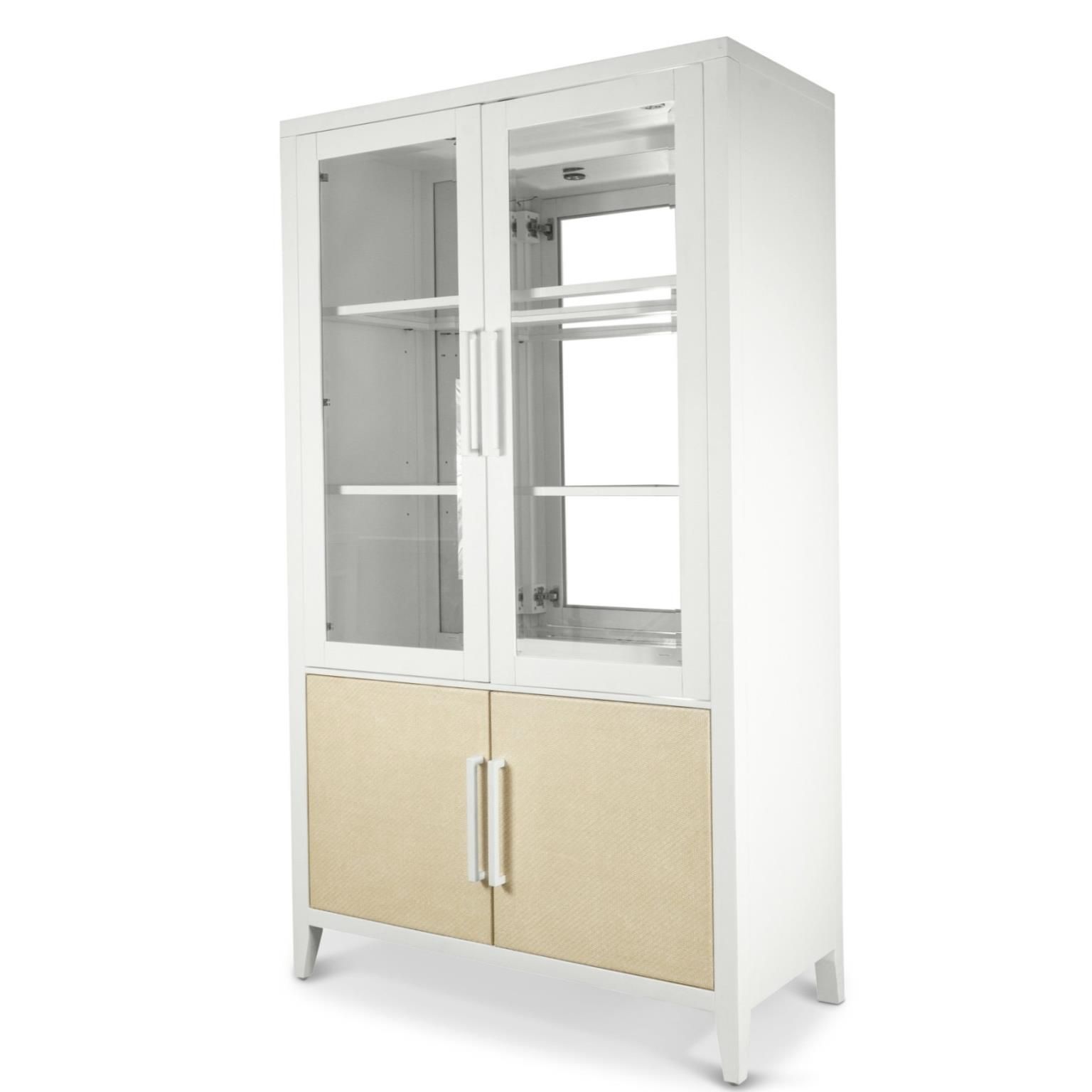  Curio cabinet with 2 glass front doors and 2 woven front doors. Features glass shelves & can lighting. White wood with woven sand color accents