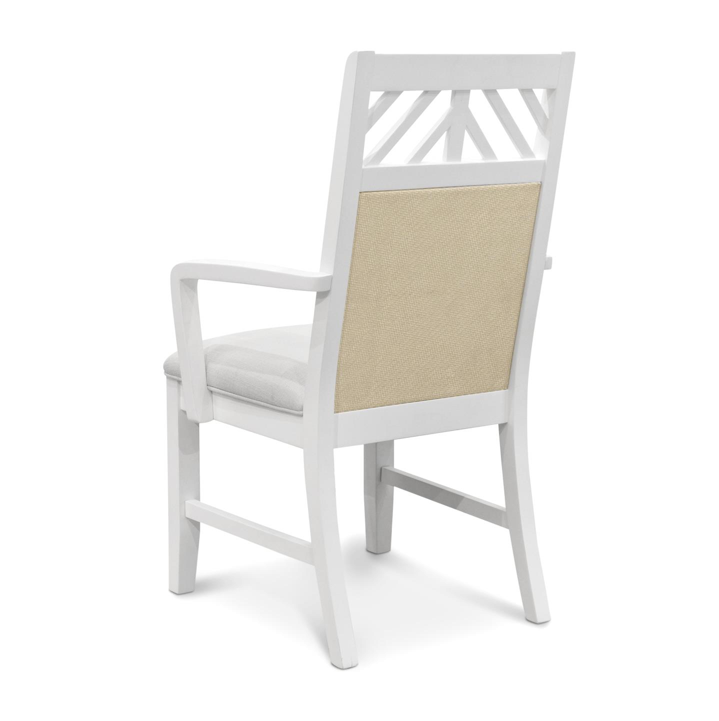 Dining Armchair with light grey fabric on the seat & back cushion. White wood with woven sand color accents. Back View.