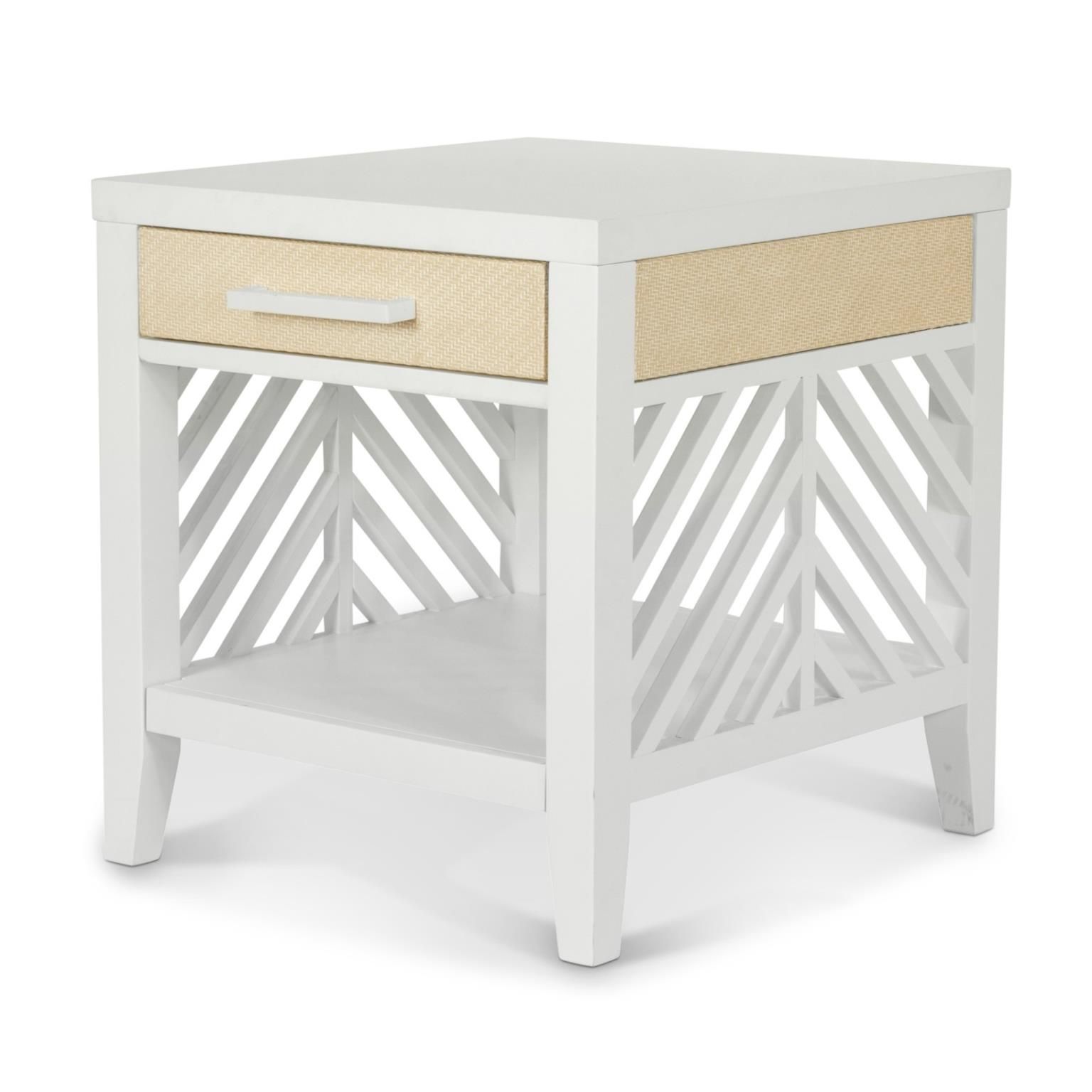 Square end table with 1 drawer and bottom shelf. White wood with woven sand color accents and white metal handle.