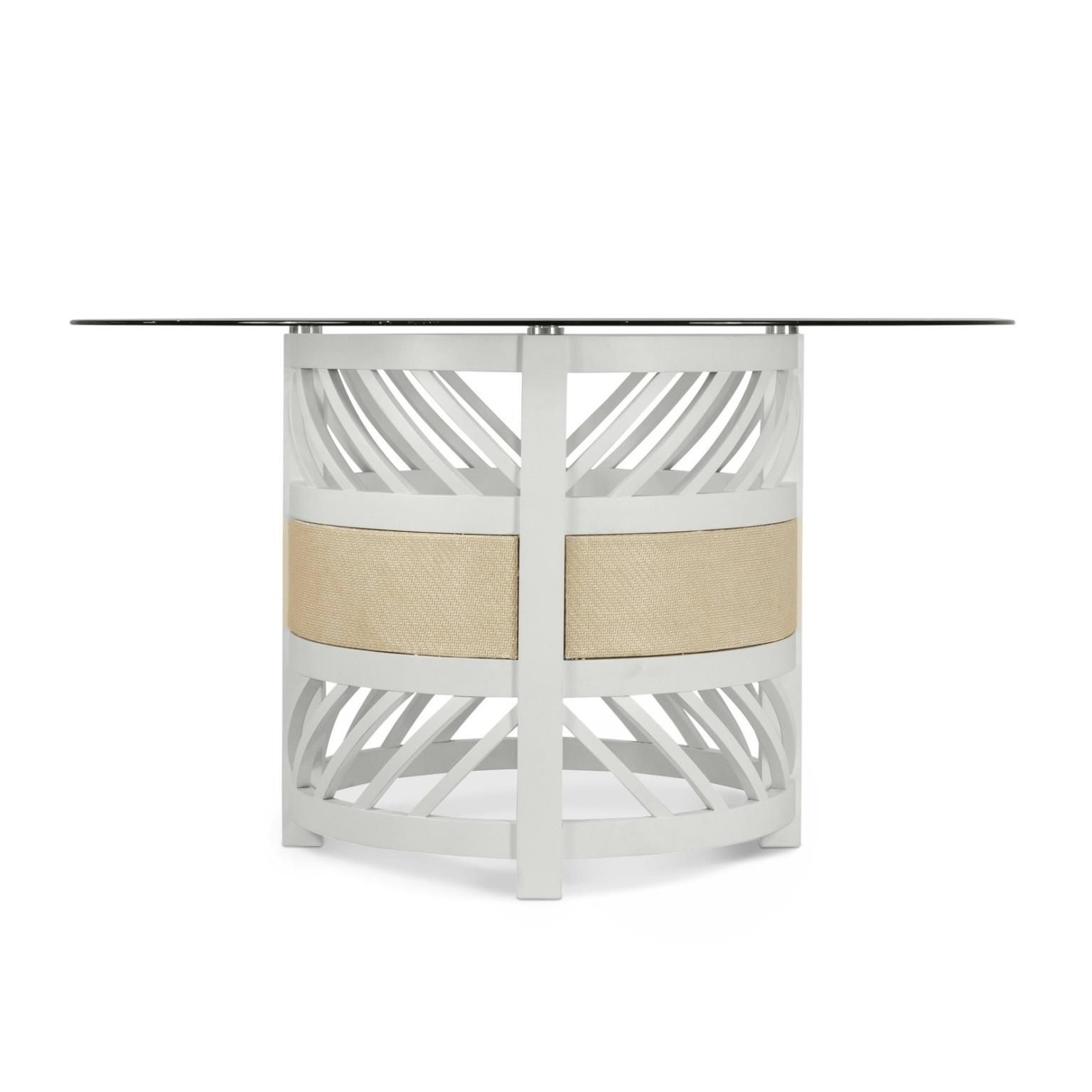 Round Dining Table. White wood with woven sand color accents and glass top.