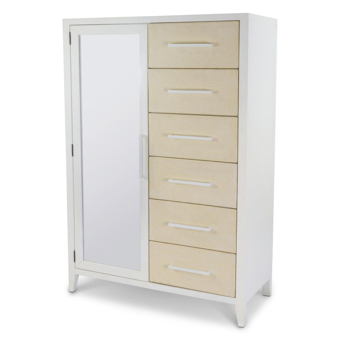 6 Drawer chest with mirrored door on the left & 6 drawers stacked on the right side. White with woven sand color accents and white metal handles