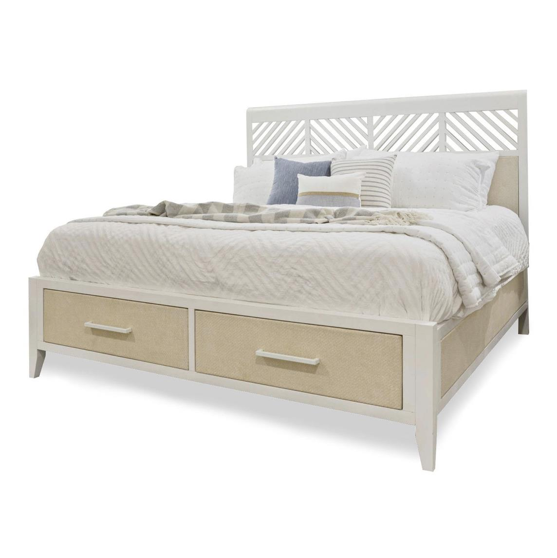 Storage bed with 2 drawers at the foot. White with woven sand color accents and white metal handles