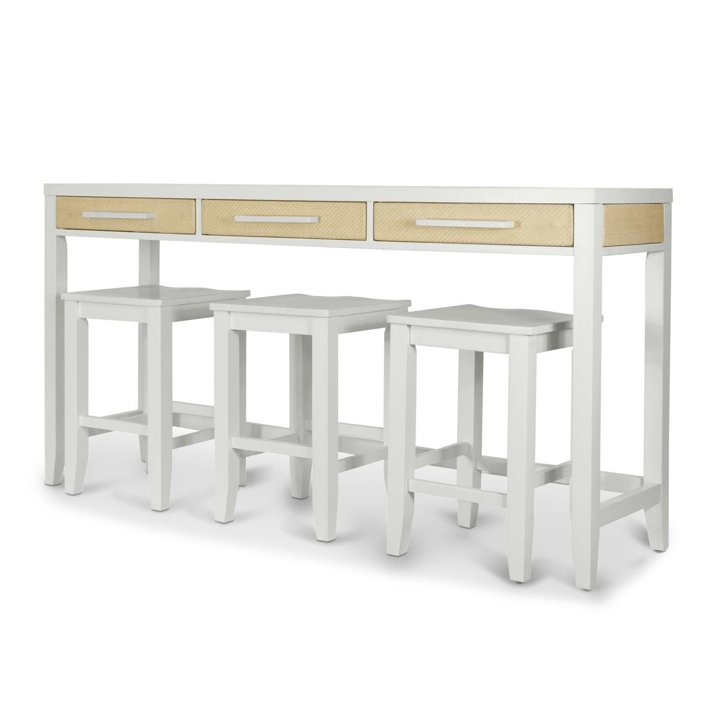 3-drawer console. White wood with woven sand color accents & white metal handles. Comes with 3 square white wood stools.