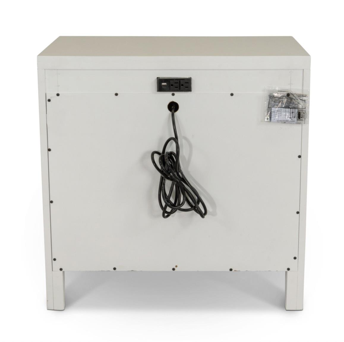 3-drawer nightstand, White with woven sand color accents and white metal handles. Back view showing the power supplies.