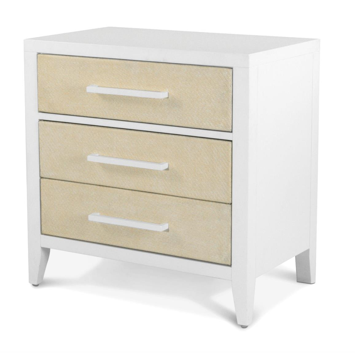 3-drawer nightstand, White with woven sand color accents and white metal handles