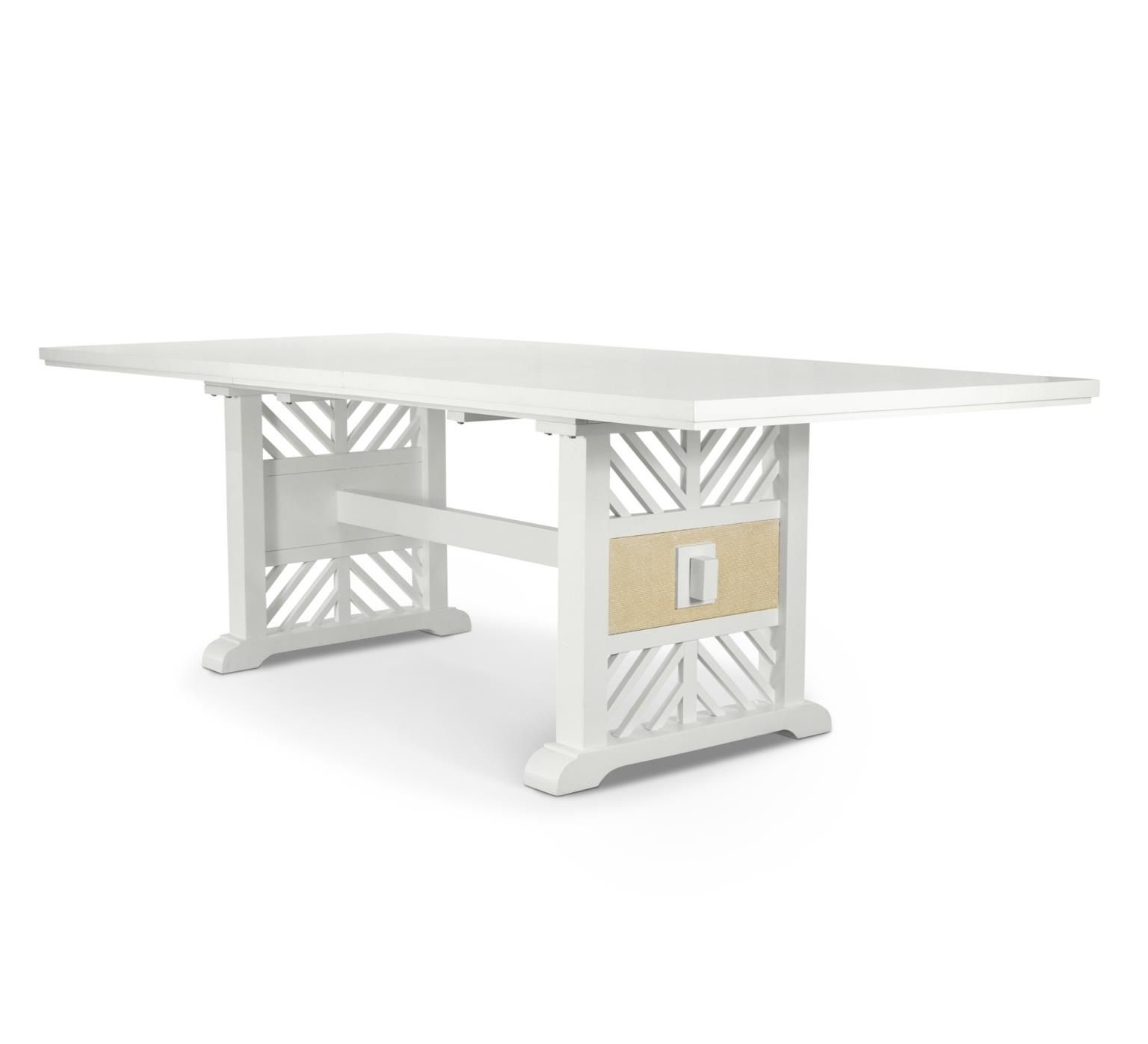 Rectangle Trestle Dining Table with leaf. White wood with woven sand color accents.