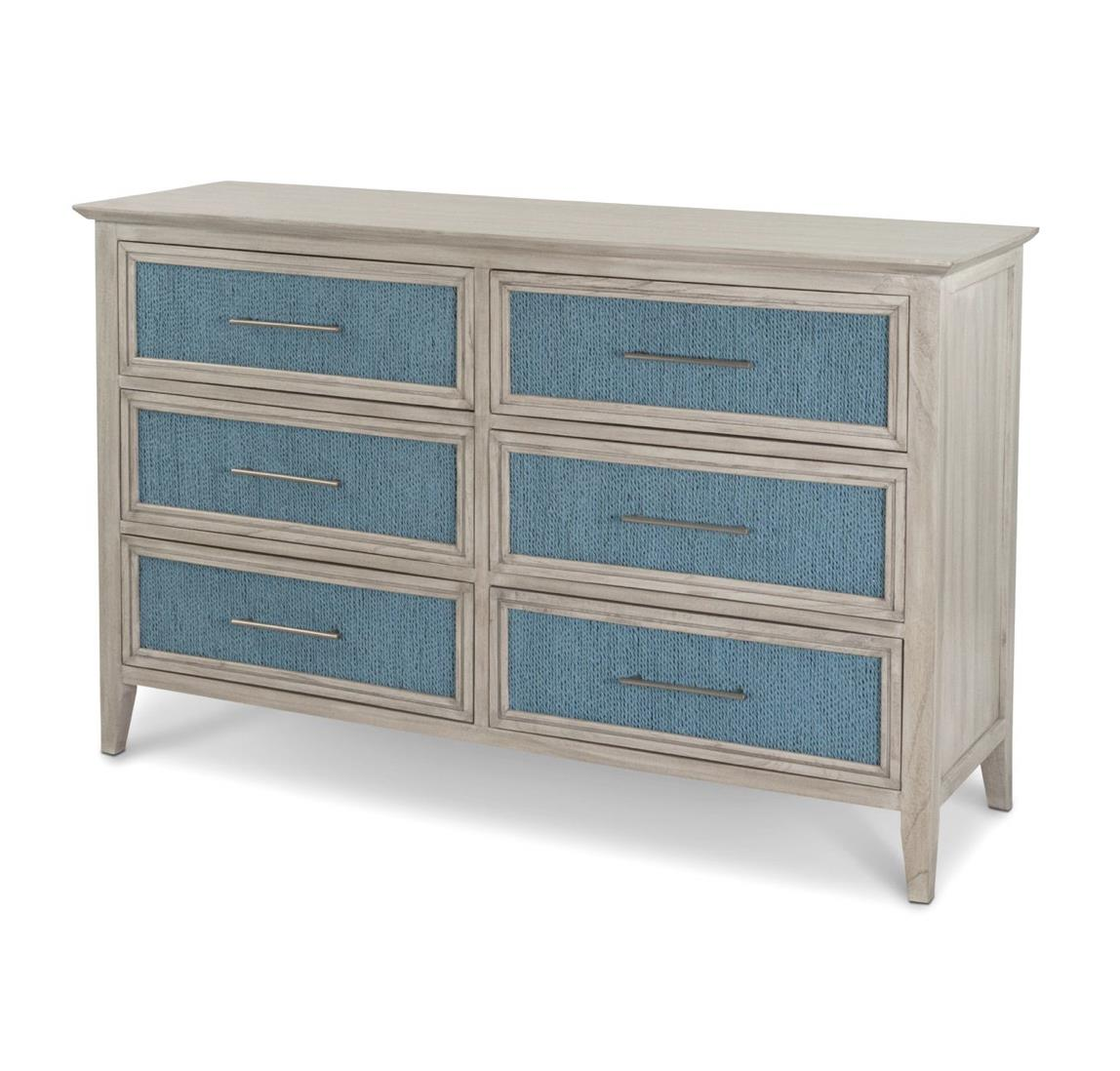 six drawer dresser, aged ivory color with ocean blue woven front panels and metal drawer pulls