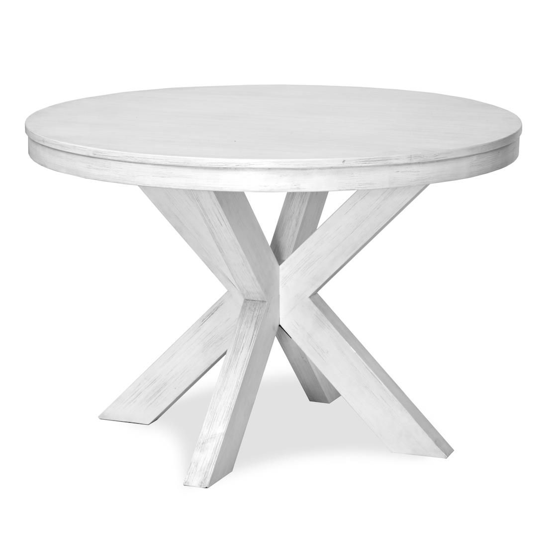Weathered white wood round dining table with x base.