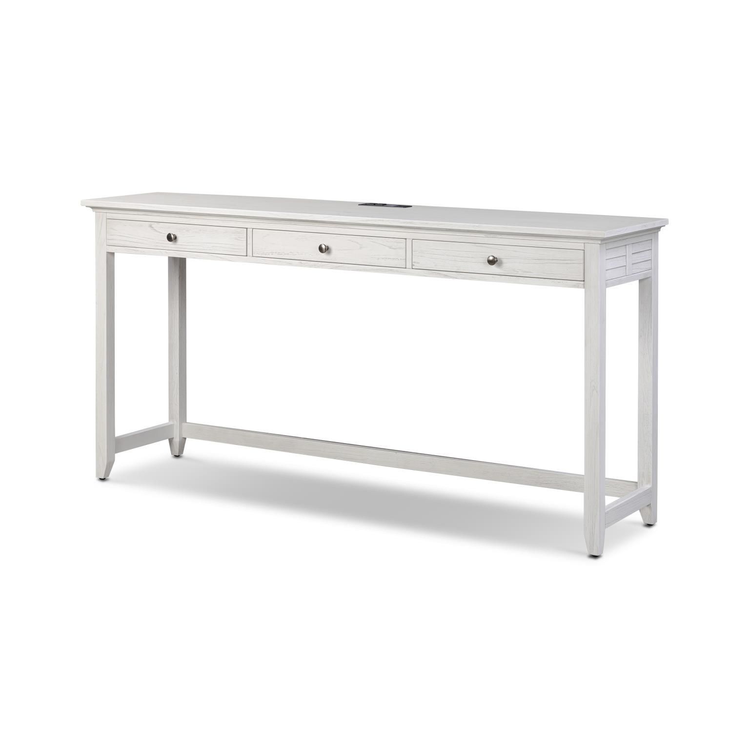 Weathered white wood 3-drawer console table with power supply and round iron handles
