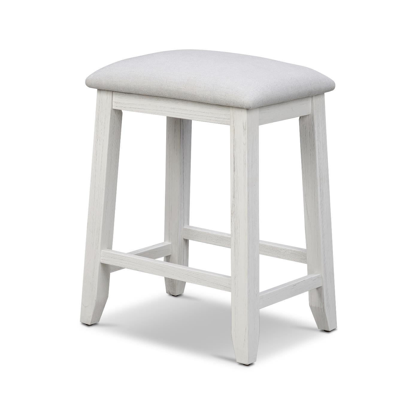 Weathered white wood small 4-leg stool with light grey upholstered seat cushion