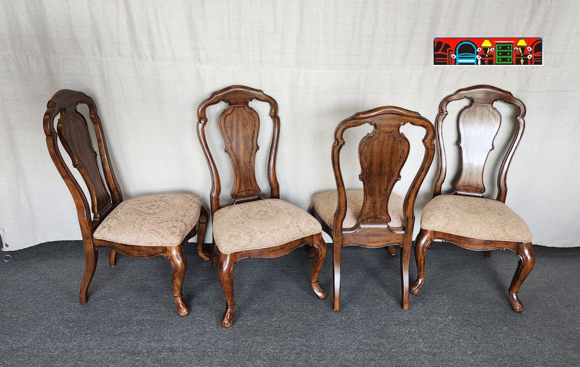 Set of 4 Formal Dining Chairs Solid Wood, dark brown with beige seat cushion