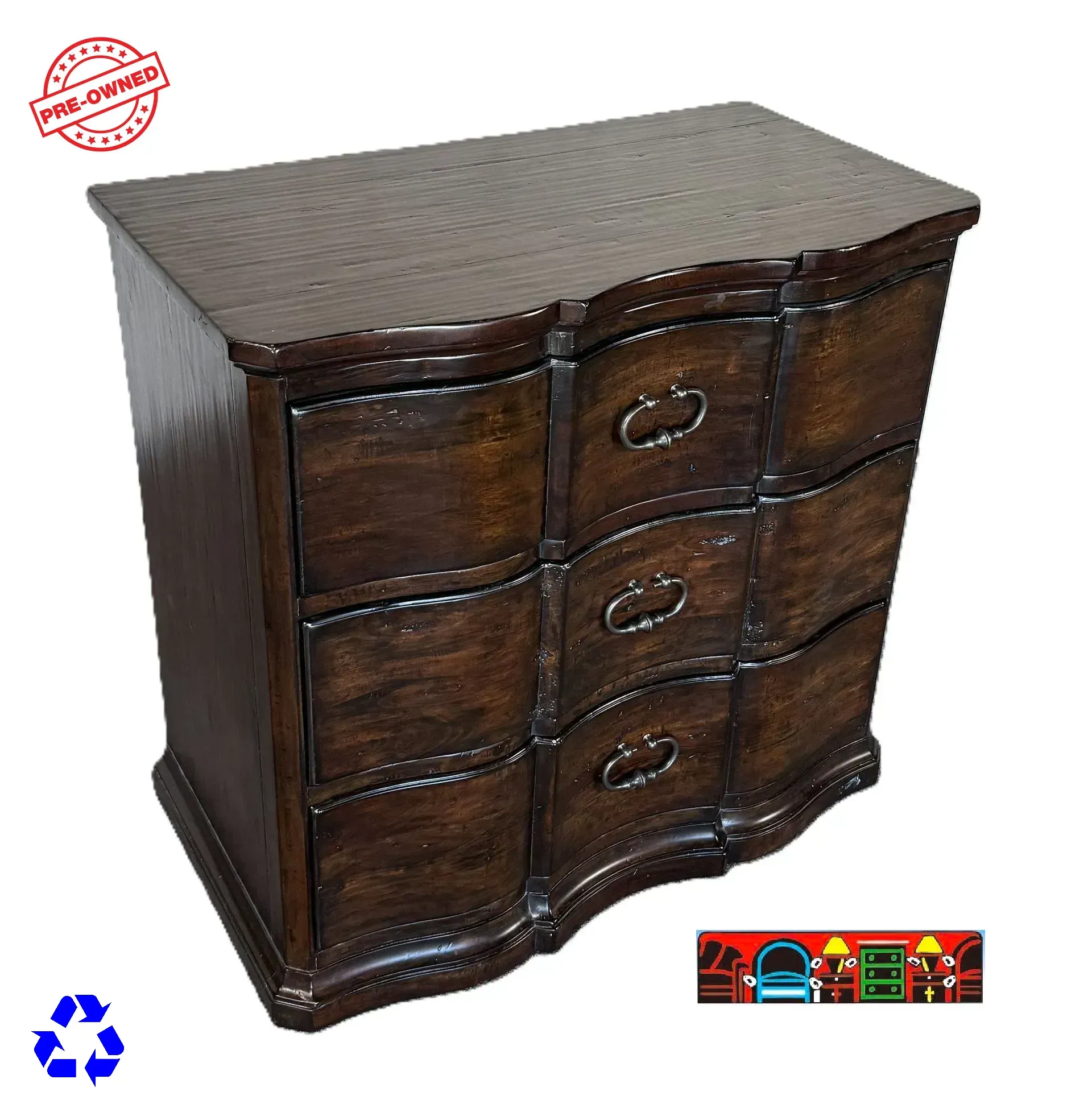 The Bernhardt three-drawer chest, featuring dark brown wood and iron handles, is available at Bratz Consignment Furniture Warehouse in Fort Myers, FL.