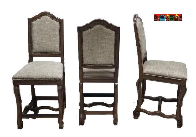 used set of stools dark wood with grey fabric and nail head accents for sale at bratz-cfw
