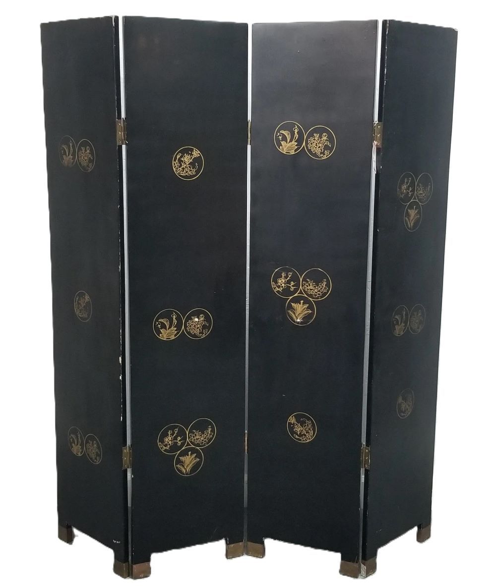 An oriental hand-painted screen, crafted from wood and featuring a black background with a painted tree and flowers, is available at Bratz-CFW in Fort Myers, FL.