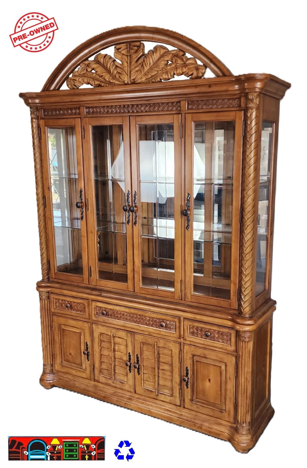 Golden brown 2-piece China cabinet with 3 drawer, 4 doors wicker accents & palm leaf hat