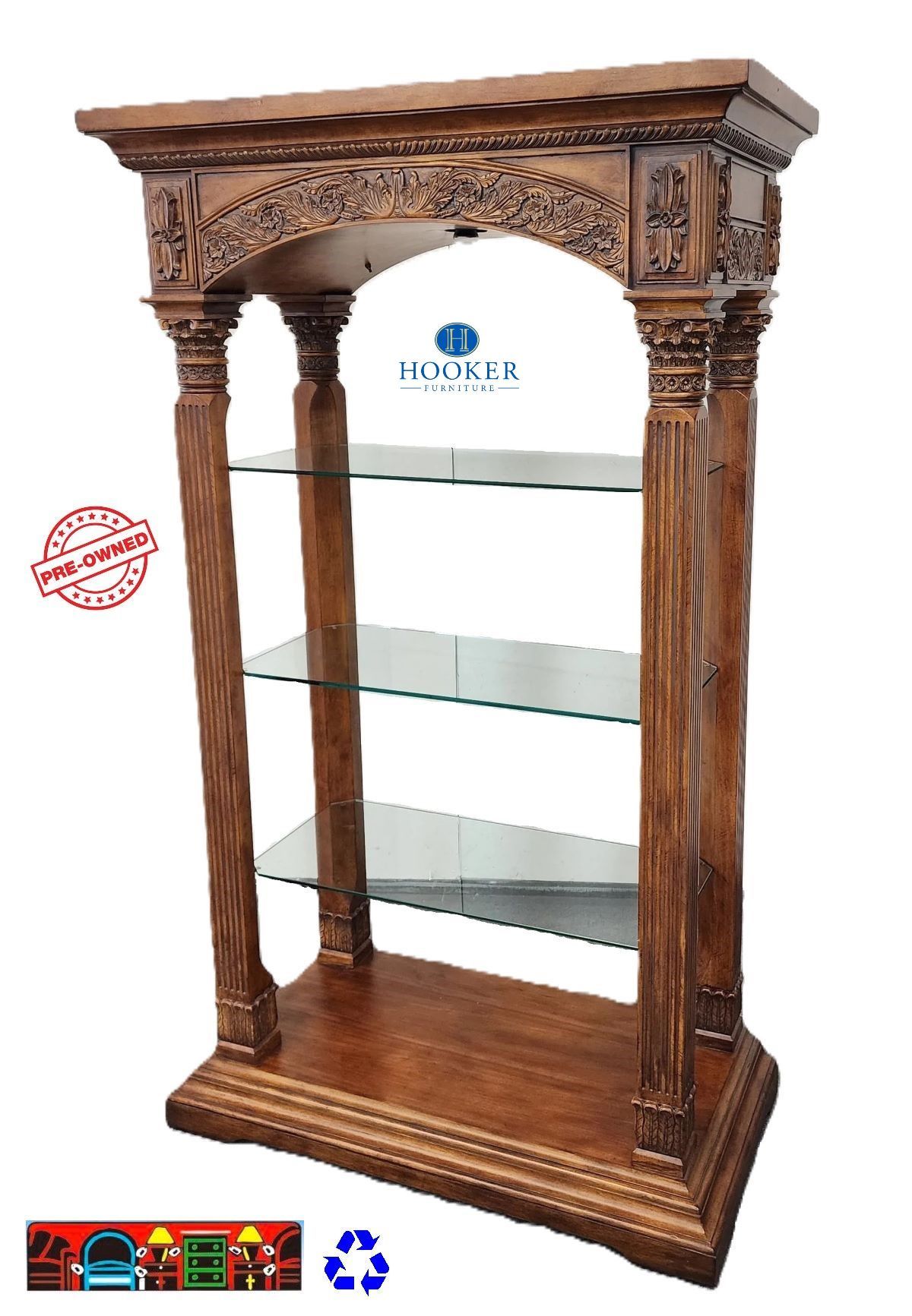 This curio cabinet is made of solid wood in medium brown color and has a veneer finish. It has three glass shelves to display your items and a light to illuminate them. The cabinet has a four-column design with carved details on along top and the bottom of each column.
