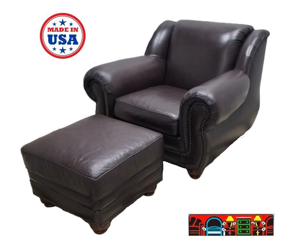 'A pre-owned Chocolate Brown Leather Chair and Ottoman: Featuring rolled arms and nail head trim encircling both pieces, crafted in the USA.'