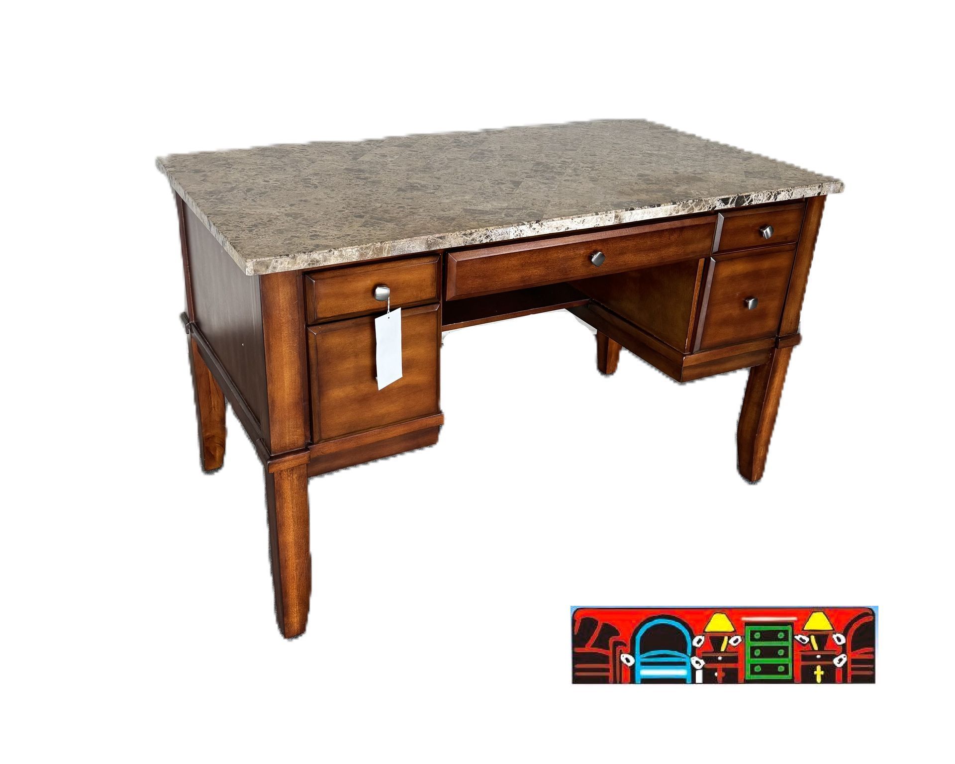 Marble top wood 4-leg desk with 2 drawers on either side and a pencil / keyboard drawer above the legs.