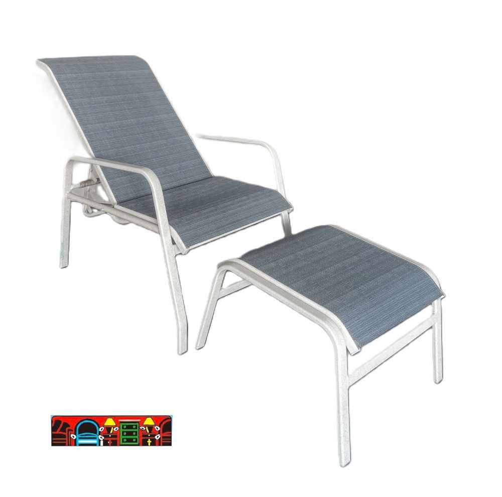 Outdoor white aluminum reclining chair and ottoman with a light blue mesh seating
