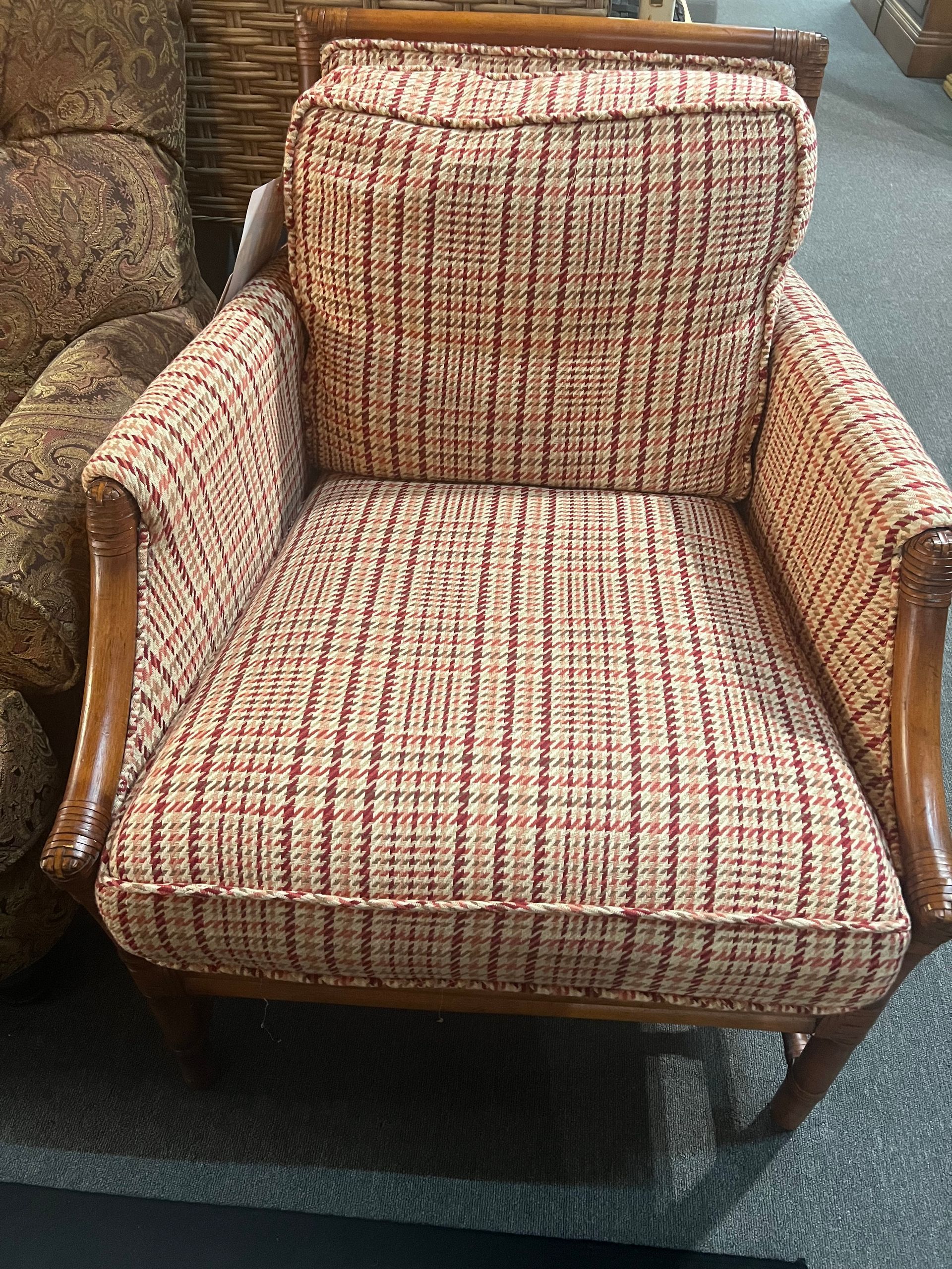 Plaid accent chair with wood frame