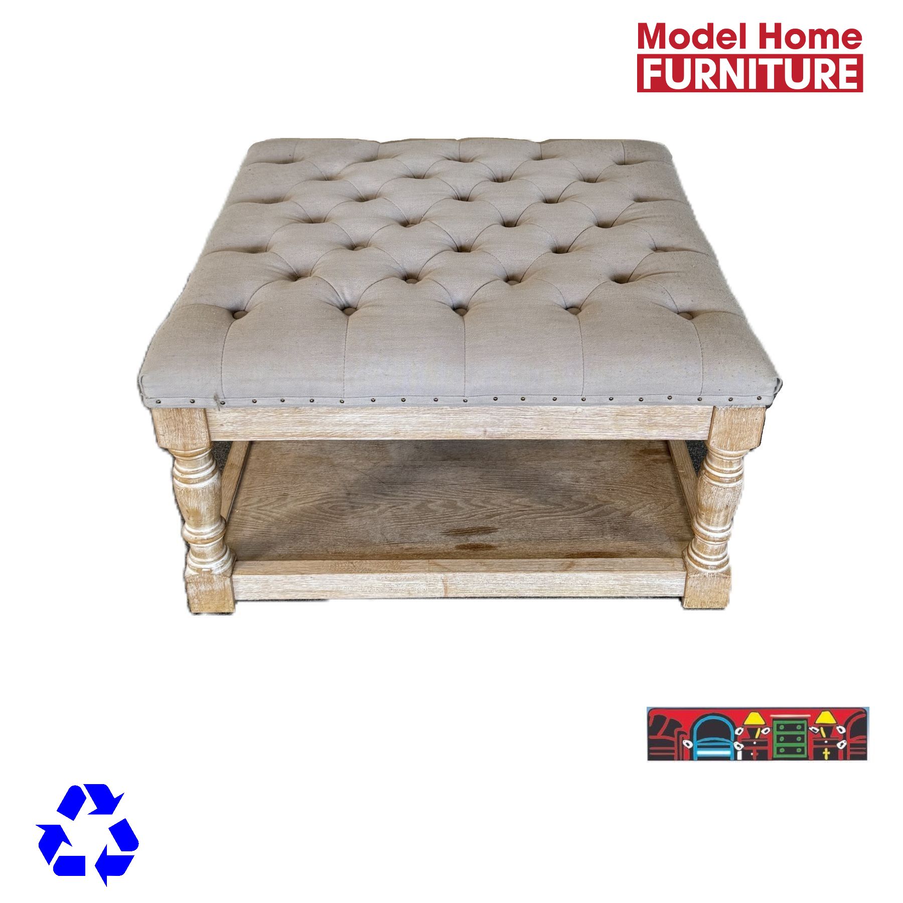 Ottoman cocktail table with a wooden frame in distressed sand color and a tufted grey top is available at Bratz-CFW in Fort Myers, FL.