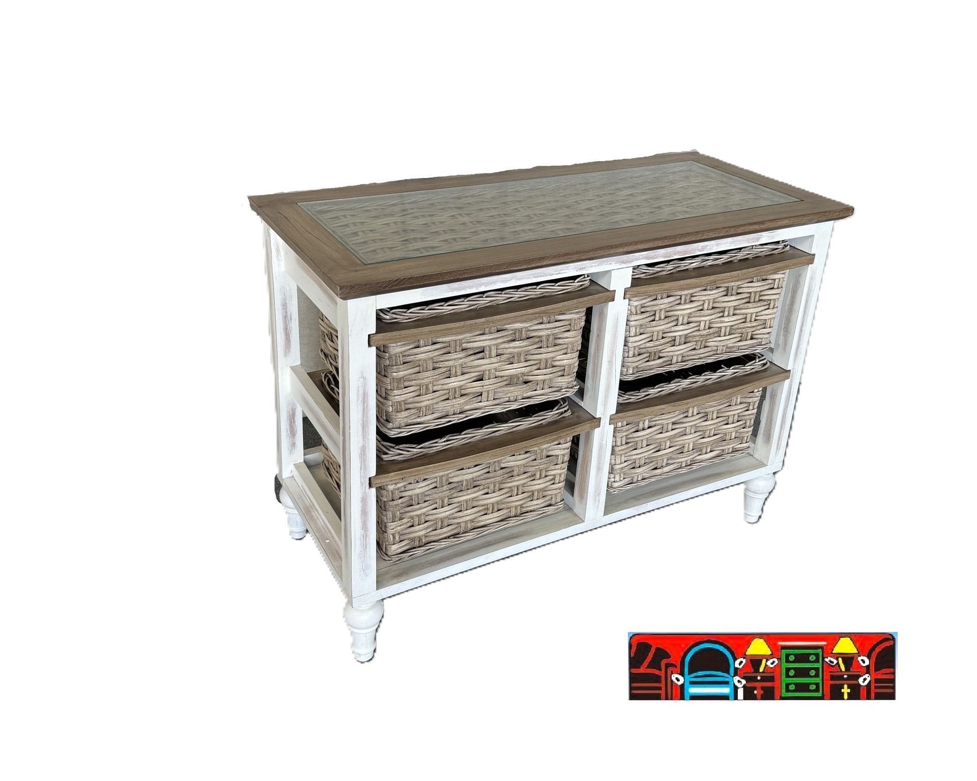 'Compact storage cabinet featuring a weathered white finish with medium brown accents, wicker inlay, four baskets, and a glass top.'