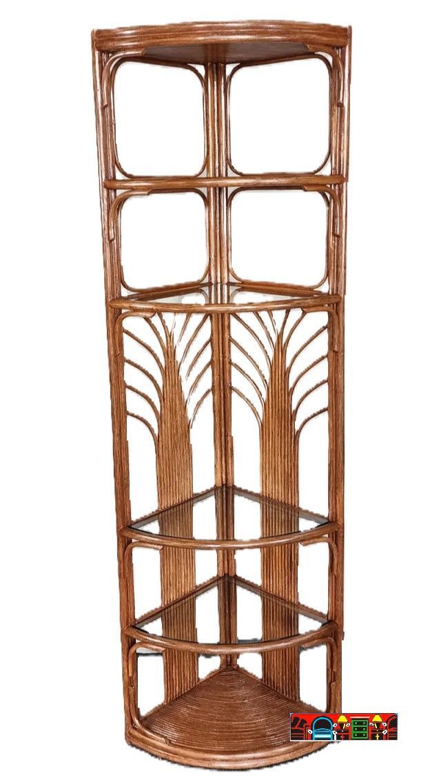 Brown rattan 5-shelf open corner curio.