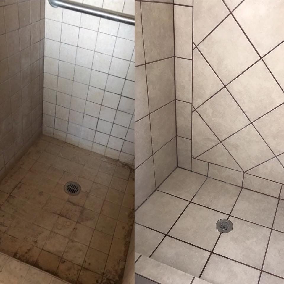A before and after picture of a bathroom shower