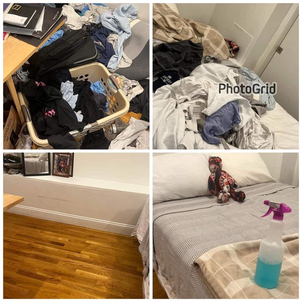 A collage of four pictures of a messy bedroom with a teddy bear on the bed.