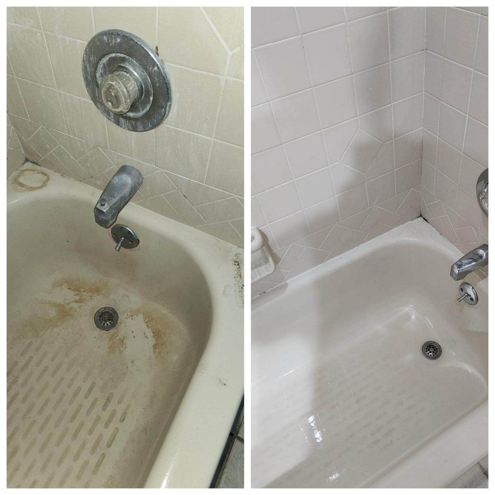 A before and after photo of a bathtub in a bathroom.