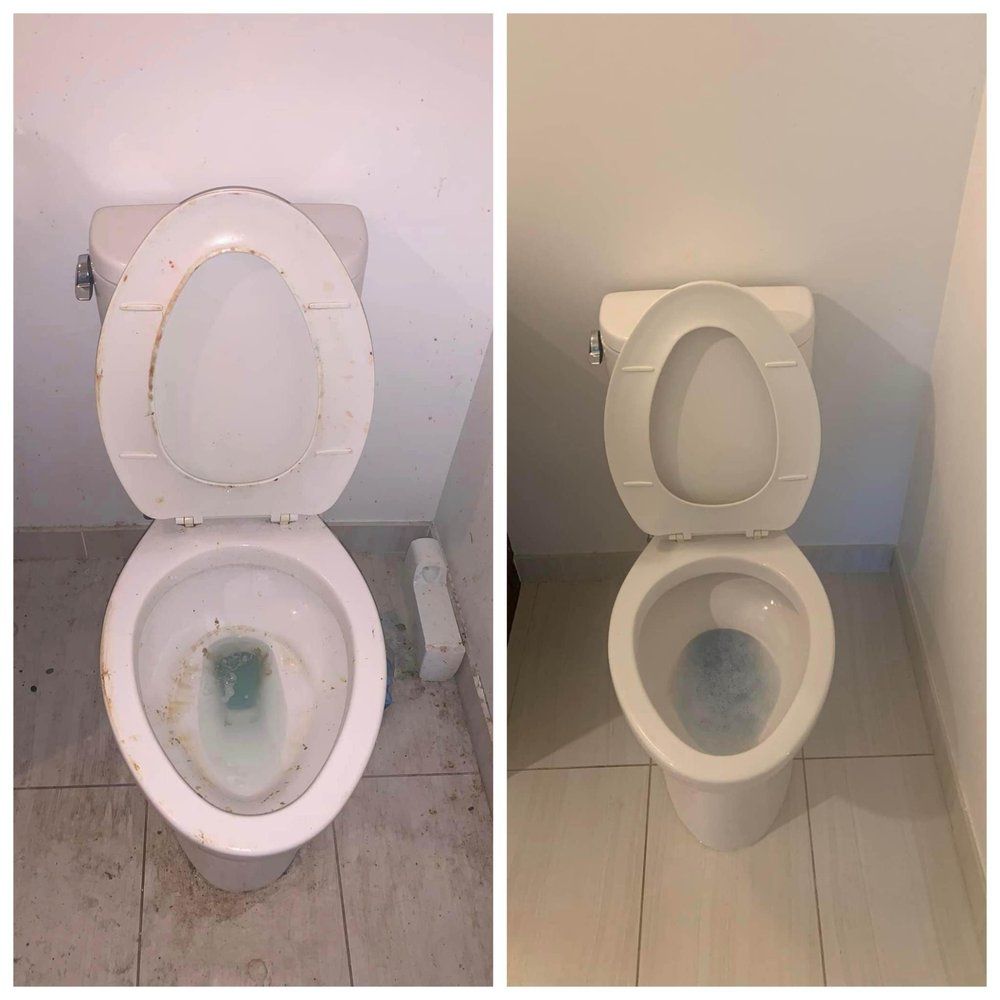 A before and after picture of a toilet being cleaned